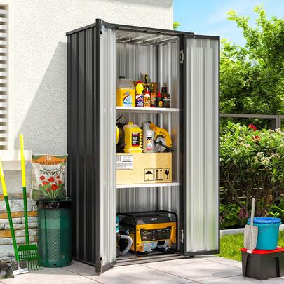  AOXUN 2.5*1.5ft Garden Storage Shed, Metal Outdoor Waterproof Storage Cabinet With 2 Adjustable Shelves, Lockable Cupboard For Backyard, Patio, Garage & Garbage Bin Lawn, Black