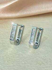 1 Pair Minimalist Double-Layer Geometric Hoop Earrings, Super Shiny Trapezoid Cubic Zirconia Earrings, Suitable For Daily Wear - Earrings - View 8