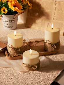 Three Flameless Candle Lamps With A Retro Rope-Wrapped Design, Realistic LED Wicks, And A Twinkling Columnar Shape. Battery Powered, With Remote Control And 2/4/6/8-Hour Timer. Warm Candlelight And Retro Candle Lamps Suitable For Home, Wedding, And Holiday Party Decorations. - Warm white light - View 5