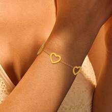 1件防水金属时尚饰品不锈钢心形镂空手链浪漫简约情侣手链 - 心形 - 查看 5