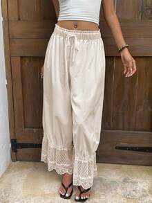 Women Y2K Lace Trim Long Bloomers Cute Ruffle Hem Cropped Pajama Pants Sheer Mesh Elastic Waist Pettipants - 杏色 - 查看 3