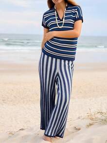 Striped Collar Elegant Casual Vacation V-Neck T-Shirt, Suitable For Beach, Daily, Street, Commute - Blue - View 5