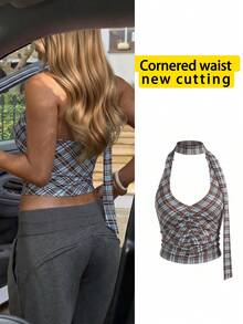 SOLTRB New V-Neck Halter Tie Sleeveless Cropped Knit Top For Women, Chest Ruffle Decor, Medium Stretch Fabric, Suitable For Friend Party, Travel & Vacation - Multicolor - View 5