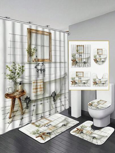 Vintage Aesthetic Bathroom Decor Set - Complete Bathroom Scene Printed 4-Piece Set. Unified Claw-Foot Bathtub, Black And White Checkered Design, Creating A Classic, European Vintage Style, One-Stop Realization Of Your Dream Specialty Bathroom