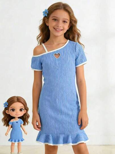 8-12 Years Old Girls' Sweet Fitted Dress, Heart Hollow-Out + Frill Trim Unique One-Shoulder Design, Suitable For Party, Outdoor, Daily Wear