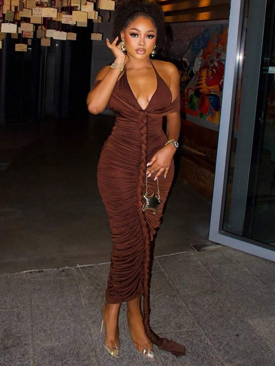 Elegant And Fashionable Dress For Women, Long Dress With A V-Neck And A Wrap-Around Bodice, Fitted Halter-Neck Dress - 深棕色 - 查看 1