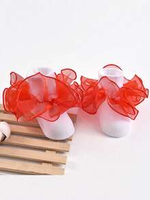 1 Pair Girls Solid Color Ruffle Decor Cute Everyday Ankle Socks - Red - View 5