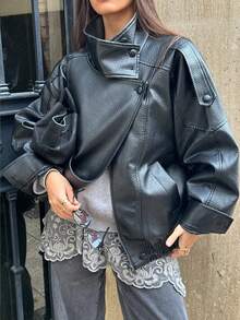 Women's Black PU Leather Jacket, Long Sleeve Zip-Up Bomber Jacket, Autumn/Winter Outerwear, Street Style - Dark Grey - View 11