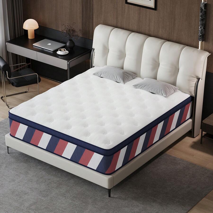 10"12"14" Queen Mattres Twin Full Queen King Size Bed Mattress In A Box, Hybrid Pocket Spring Breathable Cotton Layer Mattress For Motion Isolation & Silent Sleep, Lumbar Support & Pressure Relief, Medium Firm - Đen và trắng - Xem 1