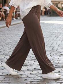 Pantalones Anchos para Mujer de Color Sólido, Cintura Alta y Borde Doblado, Elegantes para Citas y Uso Casual de Verano - marrón café - Ver 2