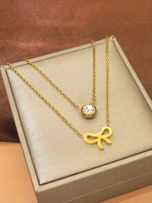 Conjunto de collar, pulsera y pendientes con colgante de lazo hueco, joyería elegante como regalo para mujeres, adecuado para aniversario, cita, cumpleaños, Día de San Valentín, Día de la Madre, regreso a clases, ceremonia de graduación y fiesta - Multicolor - Ver 3