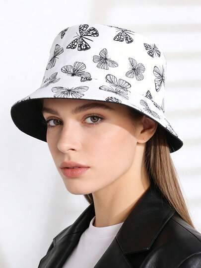 成人双面蝴蝶印花渔夫帽，黑白两色，时尚百搭，适合日常旅行