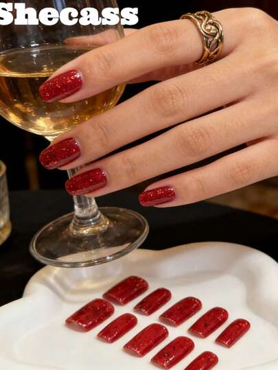 10pcs Square Nails Handmade Nail Tips Y2K Baddie Style, Nude & Red Color For Valentine's Day Party And Musical Festival, Suitable For Women & Girls, Includes Tools, Great Gift For Laddies Nails