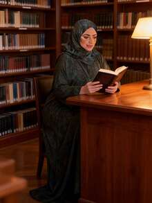 Printed Loose Long Sleeve Elegant Arabic Abaya Robe With Headscarf Included - Gray Blue - View 4