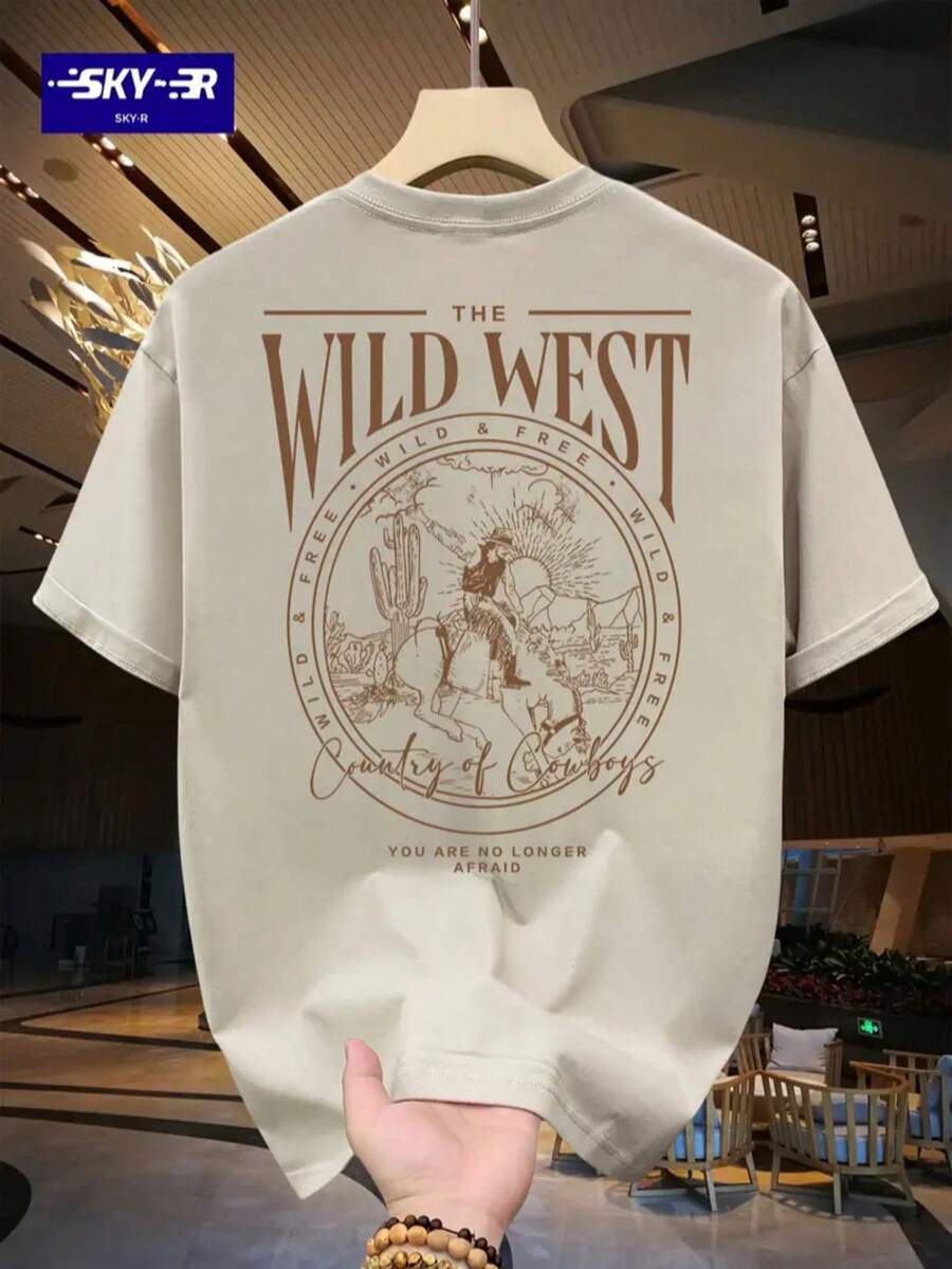 Men's Premium Cotton T-Shirt, Adult Plus Size, Kids Streetwear, Oversized, Wild West Country Cowboy Print, Farm Style, Horse, Hat, Casual Style - 米色 - 查看 1