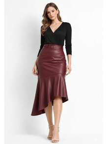 Sophisticated Midi Skirt With Asymmetrical Cutout. Does Not Include An Elegant Belt. Features An Asymmetrical Ruffled Hem. Zipper Closure. Suitable For Formal And Evening Wear. - Granate - Ver 1
