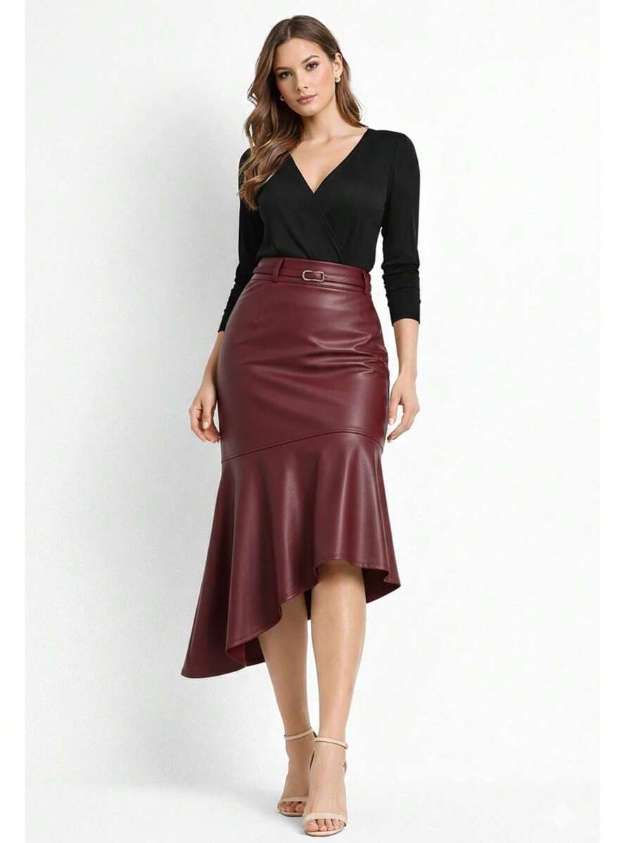 Sophisticated Midi Skirt With Asymmetrical Cutout. Does Not Include An Elegant Belt. Features An Asymmetrical Ruffled Hem. Zipper Closure. Suitable For Formal And Evening Wear. - Granate - Ver 1