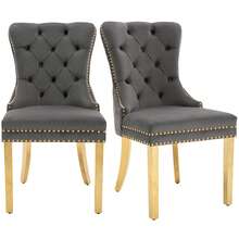 Dining Chair With A Unique Striking Unit At The Back, 2 Stations With Studded Head Trim, Gold Stainless Steel Support Legs, Velvet Fabric - Grey - View 6