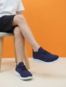 Kids' Lightweight Breathable Purple Lace-Up Slip-On Casual Dance Shoes, Knit Sock Shoes - Blue - View 1