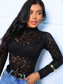 Women's Lace Blouse, No Transparent Lace, Night Blouse - màu đen - Xem 2