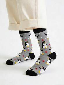 1 Pair Penguin Snowscape Pattern Men's Mid-Calf Socks, Spring/Summer - Grey - View 3