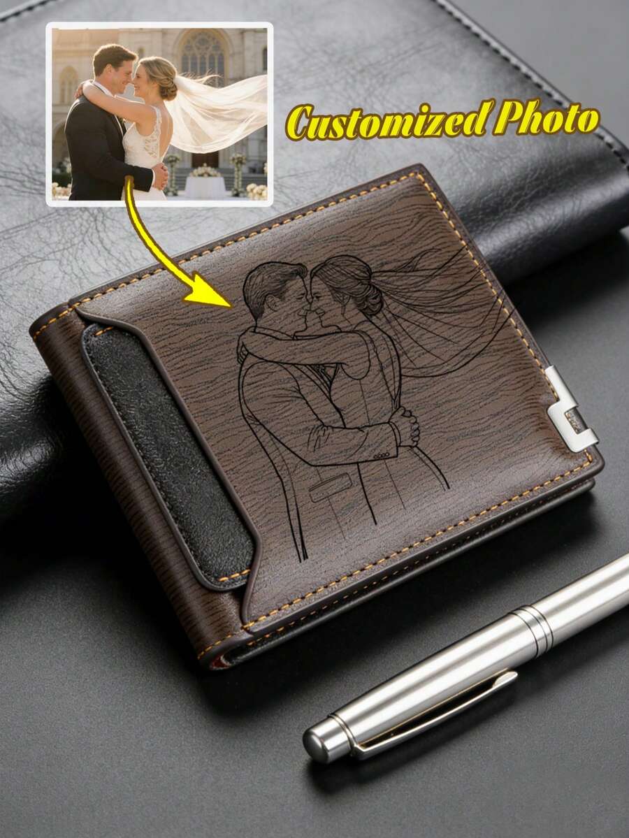 1pc Customized Photo Men's Wallet, Personalized Minimalist Slim Wallet, Gift For Dad Husband Grandpa - Dark Grey - View 1