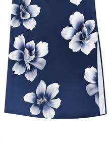 1pc Women's Floral Print Elegant Woven Fabric Slit Sleeveless Dress, Graceful Style, Spring/Summer - Royal Blue - View 5