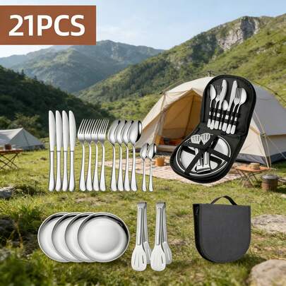 21件套不锈钢露营餐具套装，便携式户外野餐用具，包含盘子、叉子、勺子，经久耐用，适合徒步旅行、背包旅行和短途旅行 - 小巧便携设计