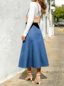 Navy Blue Elastic Denim Skirt, High Waist Slimming A-Line Flared Skirt For Spring & Summer Casual - Medium Wash - View 3