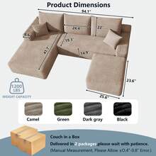 94" U Shaped Cloud Sectional Sofa With Ottoman Modern Minimalist Plush Corduroy Deep Seat No Assembly Corner Couch - 駝色 左邊 - 查看 3