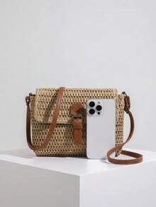 Vintage Fashion Large Capacity Woven Tote Bag, Beach Vacation Straw Shoulder Crossbody Bag , Summer - 卡其色 - 查看 7
