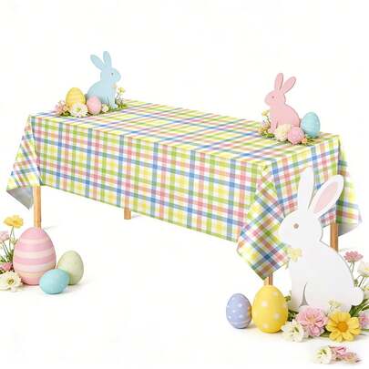 Bộ 3 món/1 chiếc khăn trải bàn trang trí mùa xuân/lễ Phục Sinh họa tiết kẻ caro kiểu Buffalo, chất liệu nhựa, màu hồng, xanh dương, vàng nhạt, thích hợp cho tiệc sinh nhật, lễ Phục Sinh trong nhà và ngoài trời, kích thước 54 x 108 inch.