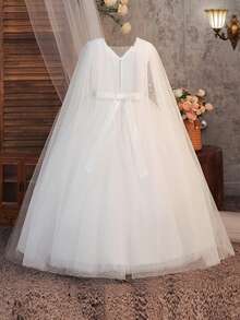 Tween Girls Long Beaded Tulle Flower Girl Dress, Suitable For Birthday Party, Faux Pearl Randomly Studded, No Headband Included - White - View 5