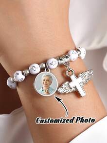 1pc Customized Photo Silver-White Religious Beaded Bracelet, Memorial Bracelet, Ramadan Meditation Bracelet, Cross & Angel Wing Design - Multicolor - View 1