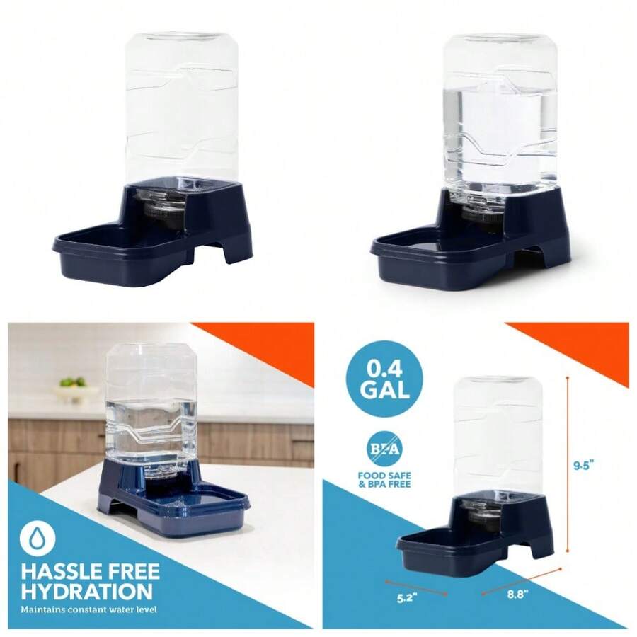 Automatic Pet Water Dispenser For Small Dogs And Cats, 0.4 Gallon  Gravity-Fed Waterer Bowl, Navy Blue - 1 - 查看 1