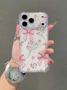 1个可爱粉色蝴蝶结树枝透明软手机壳，兼容 17/17Pro/17ProMax/16/15/14/13/11/12 Pro Max/16/15/14 Plus，时尚甜美蝴蝶结图案，保护性后盖 - 無色 - 查看 1