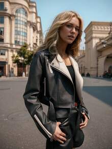Risissida Women's Vintage Minimalist PU Leather Jacket With Punk Style Double Sleeve Design, Comes With Belt, Suitable For Autumn Wear Black - Black - View 1