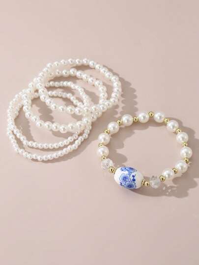 5件套女孩珍珠串珠瓷珠手链套装，适合日常装饰