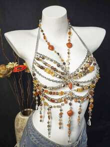2026 Spring/Summer New Chiffon Shawl, Bikini Accessories, Unisex Body Chain, Sexy Pearl Chest Chain Lingerie, Exotic Transparent Bra Decor For Beach, Party, Holiday, Music Festival - 棕色 - 查看 5