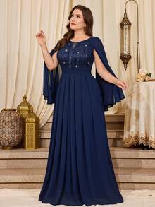 Vestido Longo de Chiffon com Decote V Profundo, Renda Floral com Lantejoulas, Bainha com Babado Contrastante, Adequado para Bailes, Festas Formais, Convidados de Casamento, Ocasiões Formais, Cerimônias de Formatura, Galas, Etc. Primavera - Azul Marinho - Visão 1