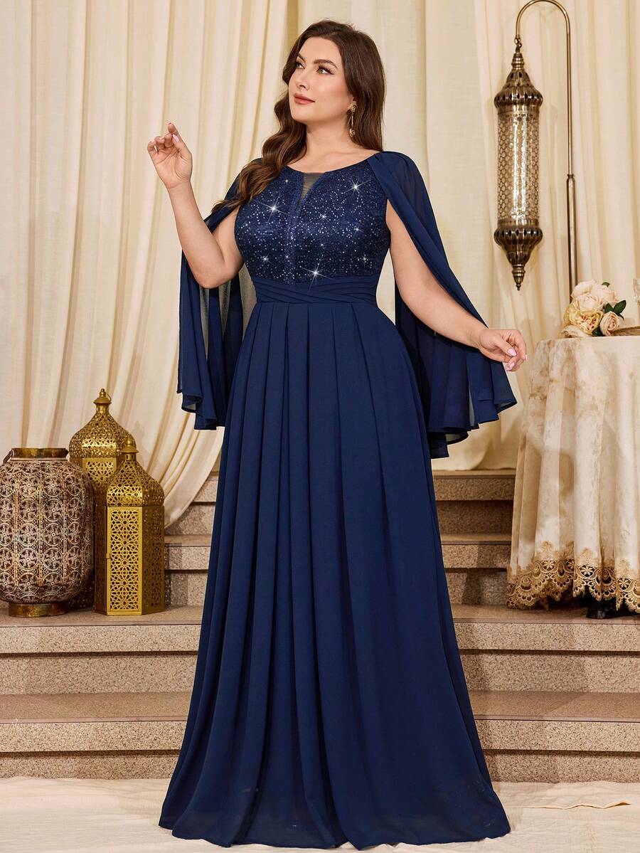 Vestido Longo de Chiffon com Decote V Profundo, Renda Floral com Lantejoulas, Bainha com Babado Contrastante, Adequado para Bailes, Festas Formais, Convidados de Casamento, Ocasiões Formais, Cerimônias de Formatura, Galas, Etc. Primavera - Azul Marinho - Visão 1