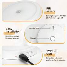 LED Smart Motion Sensor Night Light, USB Rechargeable Wireless Magnetic LED Cabinet Lamp, Emergency Auto Lighting - Round - View 10