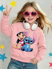 Disney Cute Lilo & Stitch Best Friends Sitting Ohana Graphic Pink Comfortable Print Young Girls' Long Sleeve Sweatshirt, Suitable For Autumn/Winter, Lightweight And Cozy, Great For Layering In Fall, Fashionable Casual Wear, Graphic Design, Back To School Season, Autumn, Back To School Party, Suitable For Outdoor Picnic, Street Photography, Home, Campus, Holidays, New Year Gift - Pink - View 2