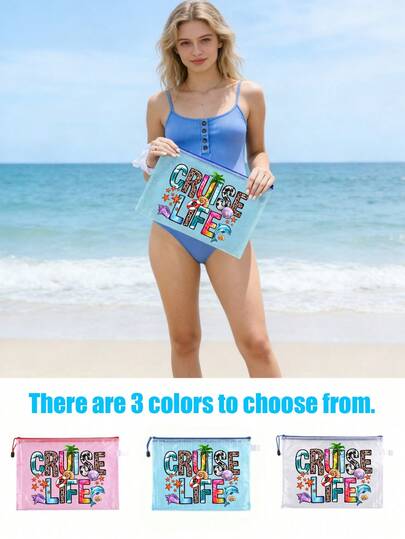 1pc Stylish Waterproof Pvc Beach Bag With Colorful Letter Beach Print - A4 Size, Transparent Cosmetic Pouch With Nylon Zipper, Ideal For Swimming, Diving & Summer Vacations - Lightweight, Durable, Perfect For Men, Women & Youngsters, Beach Bag Accessories