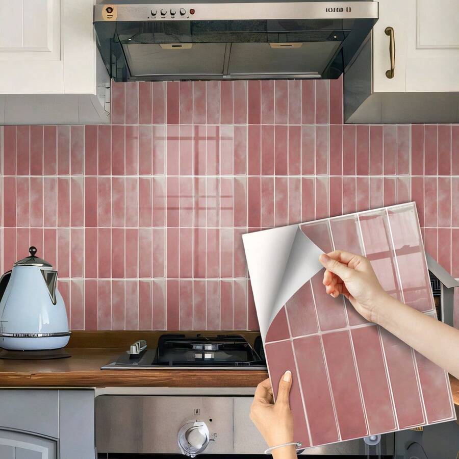 1/10/30pcs Green Brick Tile Pattern Self-Adhesive Wall Stickers, Removable Waterproof Wall Paper Suitable For Living Room, Kitchen, Bathroom Backsplash, Zellige Style - Pink - View 1