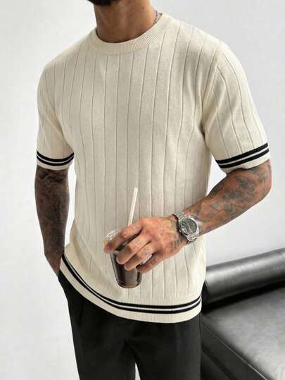 Suéter de punto de manga corta con cuello redondo y rayas de contraste, ajuste slim para verano