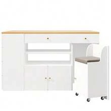 Kitchen Island, Sideboard With Bar Stools, 6-Drawer Kitchen Unit With Stools, Adjustable Width 140 X 40 (70) X 89 Cm, White/Black - White - View 12