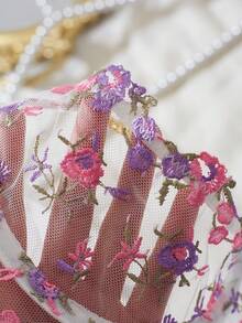 一套女士性感内衣，花卉薄纱刺绣蕾丝边饰金色链条，1/4罩杯开衩镂空设计可调节文胸和内裤，2件套 - 彩色 - 查看 6