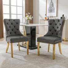 Dining Chair With A Unique Striking Unit At The Back, 2 Stations With Studded Head Trim, Gold Stainless Steel Support Legs, Velvet Fabric - Grey - View 1