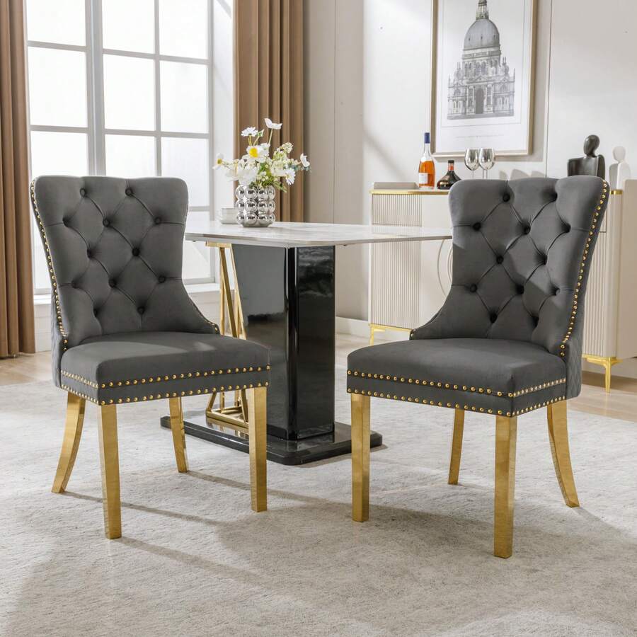 Dining Chair With A Unique Striking Unit At The Back, 2 Stations With Studded Head Trim, Gold Stainless Steel Support Legs, Velvet Fabric - Grey - View 1